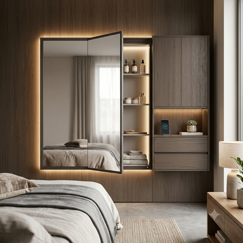 Mirror with integrated smart storage behind frame, a full-length mirror whose entire backing surface opens to reveal concealed compartment doors -- the ultimate conceiled entry console for daily storage and welcoming reception display at any entrance